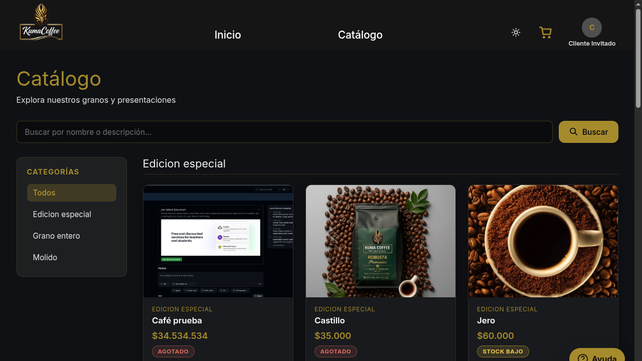 Catálogo de productos Kuma Coffee con buscador y categorías